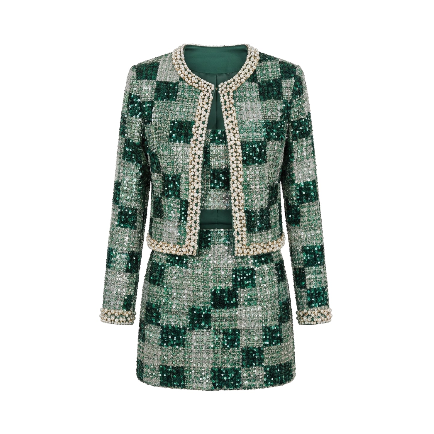 Women's three-piece set: short jacket, short skirt, and a piece of fabric embroidered with heavy sequins.