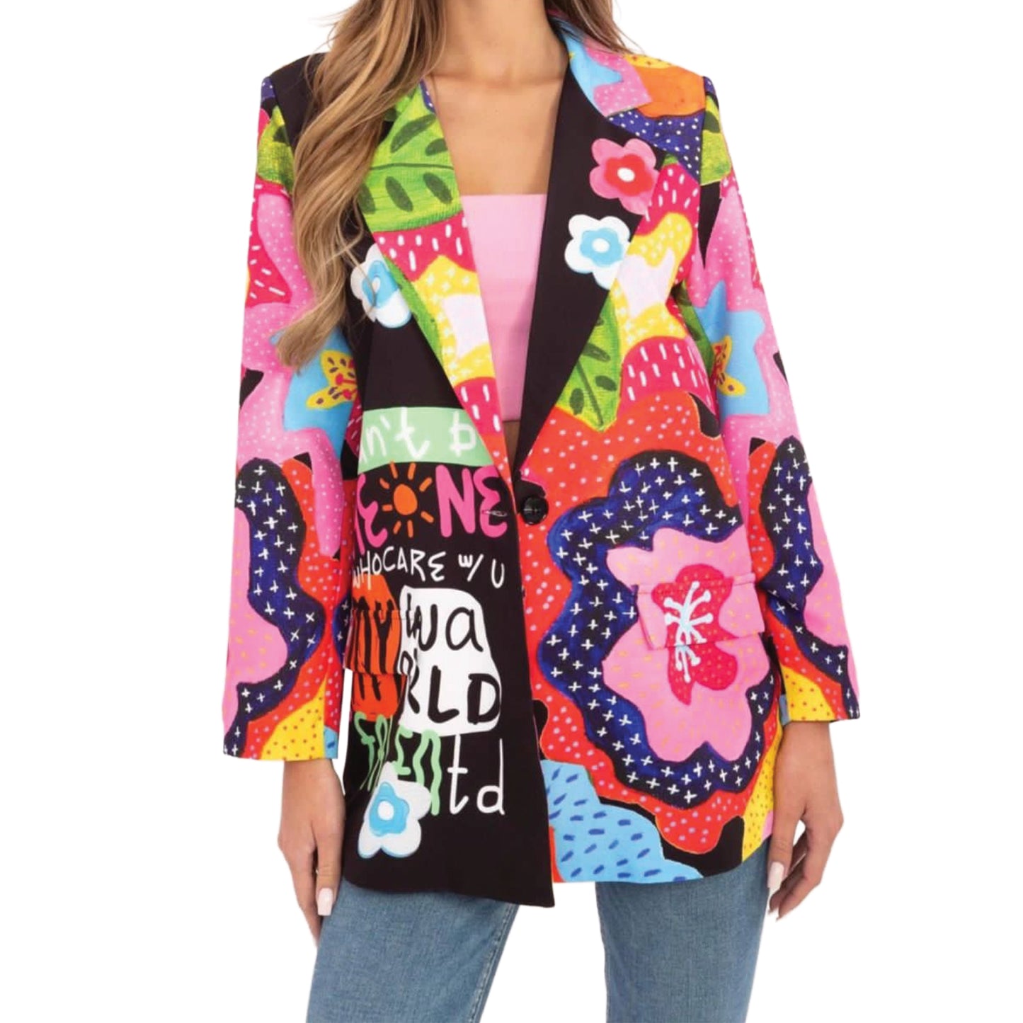 Women's black blazer with a colorful pattern