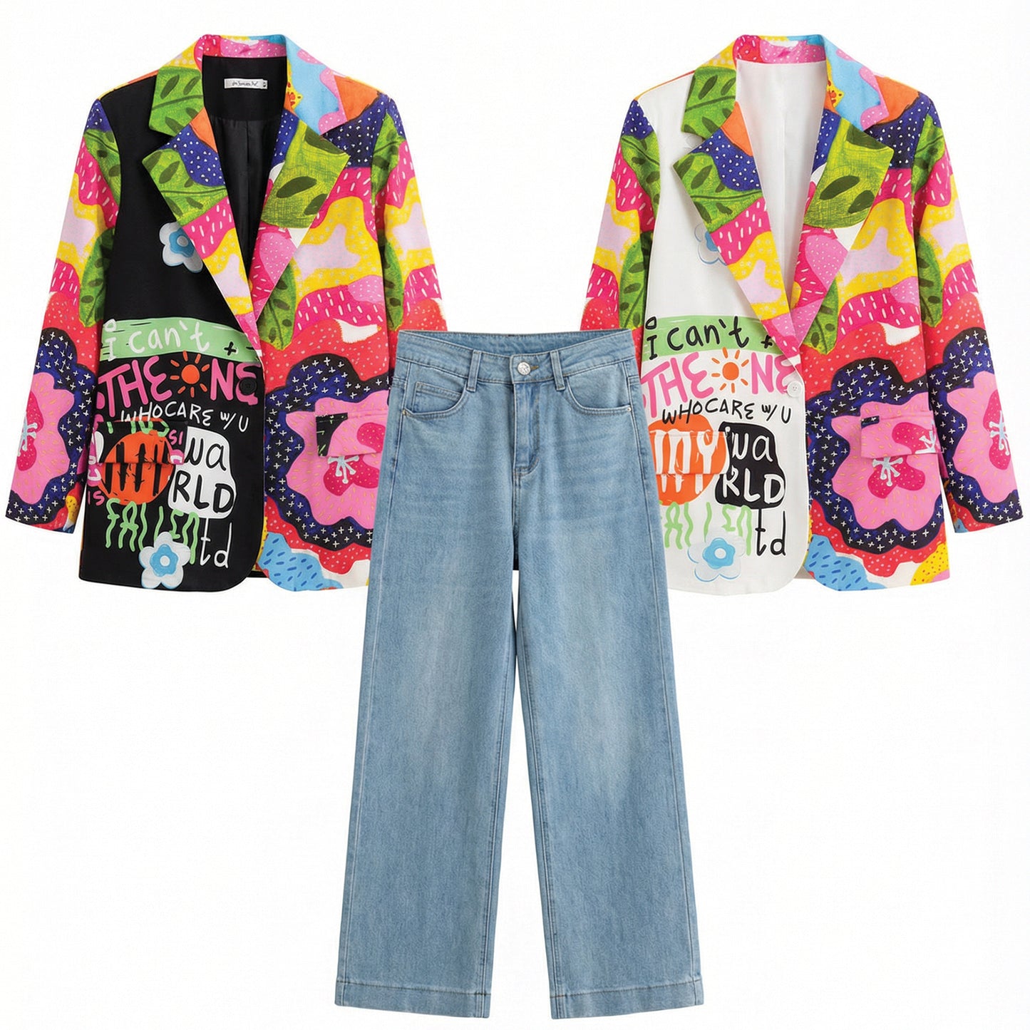 Women's black blazer with a colorful pattern