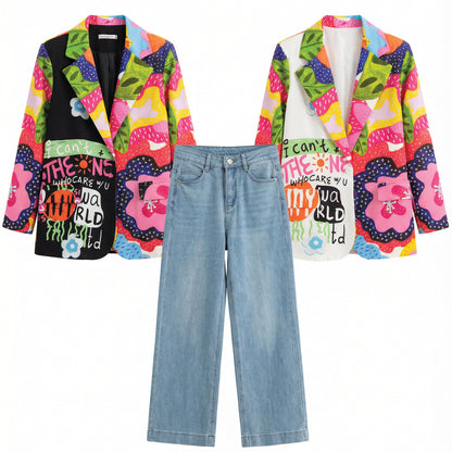 Women's black blazer with a colorful pattern