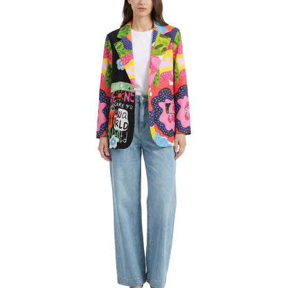 Women's black blazer with a colorful pattern