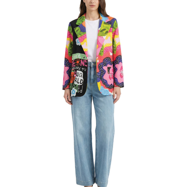Women's black blazer with a colorful pattern