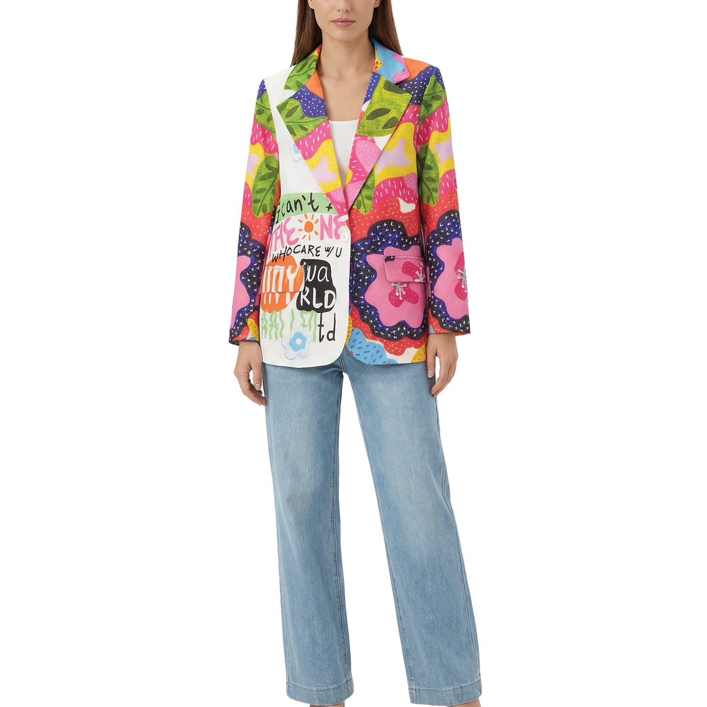 Women's black blazer with a colorful pattern