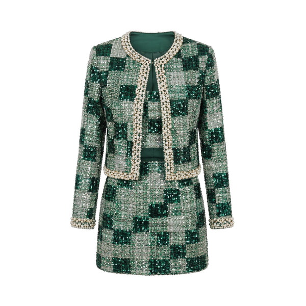 Women's three-piece set: short jacket, short skirt, and a piece of fabric embroidered with heavy sequins.