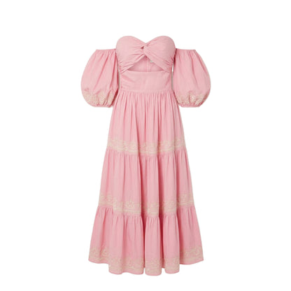 Oxan off-the-shoulder long dress in embroidered cotton