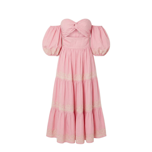 Oxan off-the-shoulder long dress in embroidered cotton