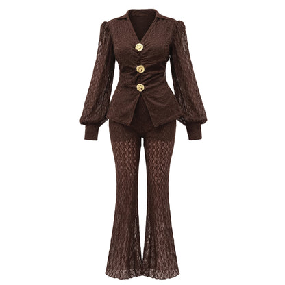 Lace blouse and wide-leg pants set