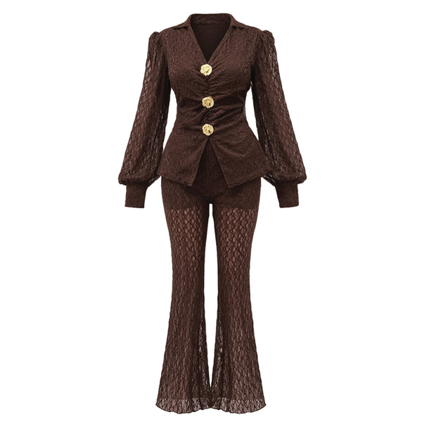Lace blouse and wide-leg pants set