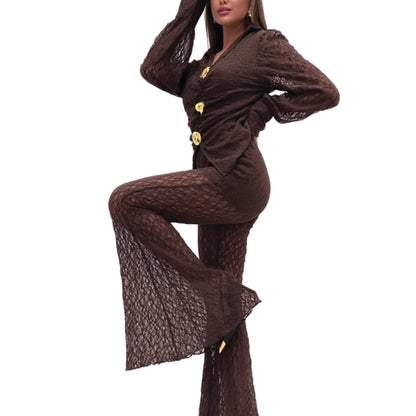 Lace blouse and wide-leg pants set