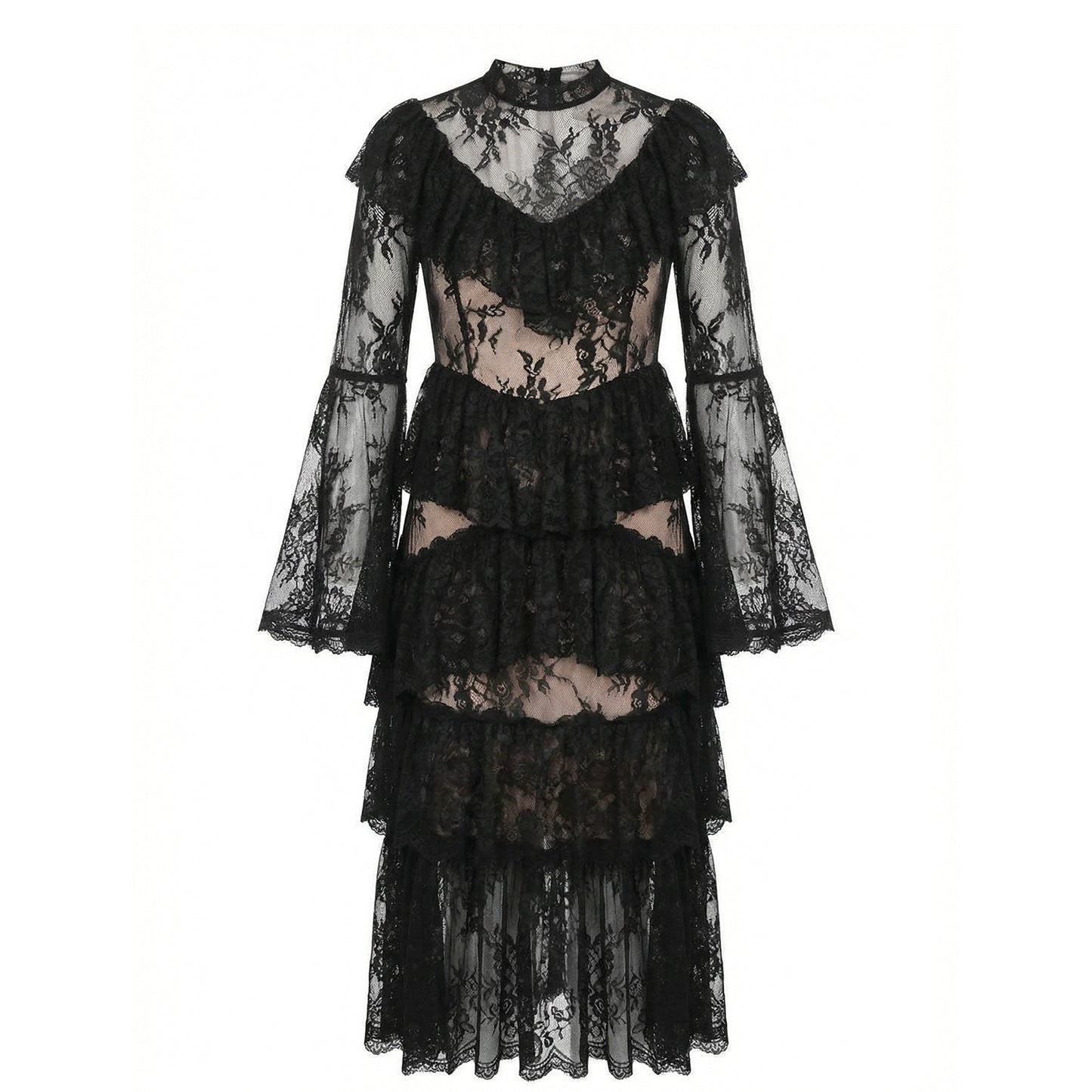 Lace maxi dress with wide sleeves and layers