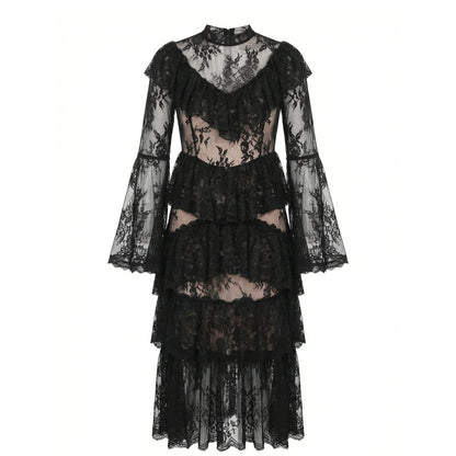 Lace maxi dress with wide sleeves and layers