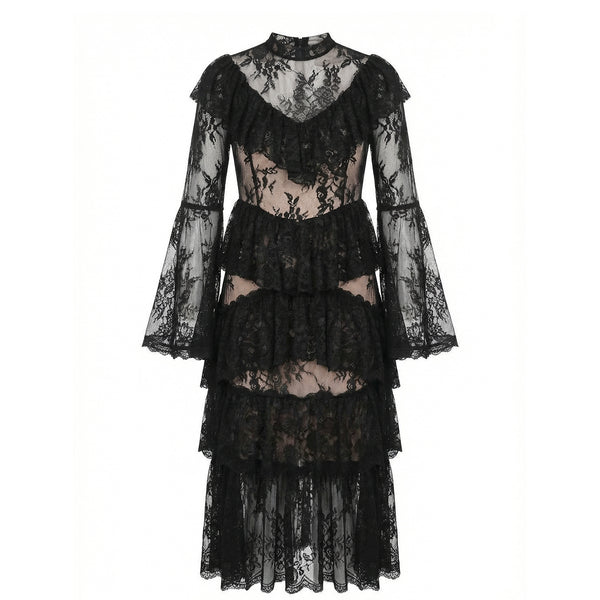 Lace maxi dress with wide sleeves and layers