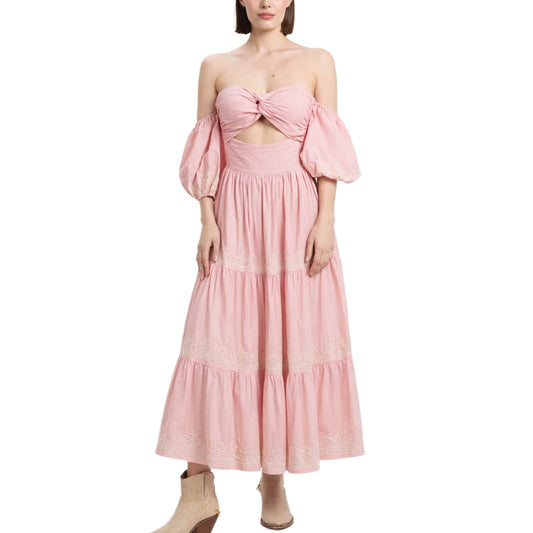 Oxan off-the-shoulder long dress in embroidered cotton